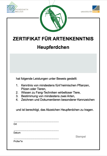 Artenkenntniszertifikat - das Heupferdchen Urkunde